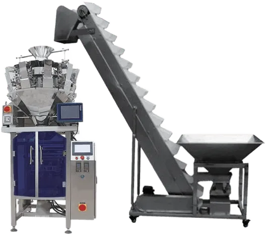 Mesin Pengisian & Pembungkusan Multi Head Weigher dengan Bucket Conveyor Feeder GS420W-10/14 / GS520W-10/14/20 — Penimbang & Pengesan Waffiy Packaging